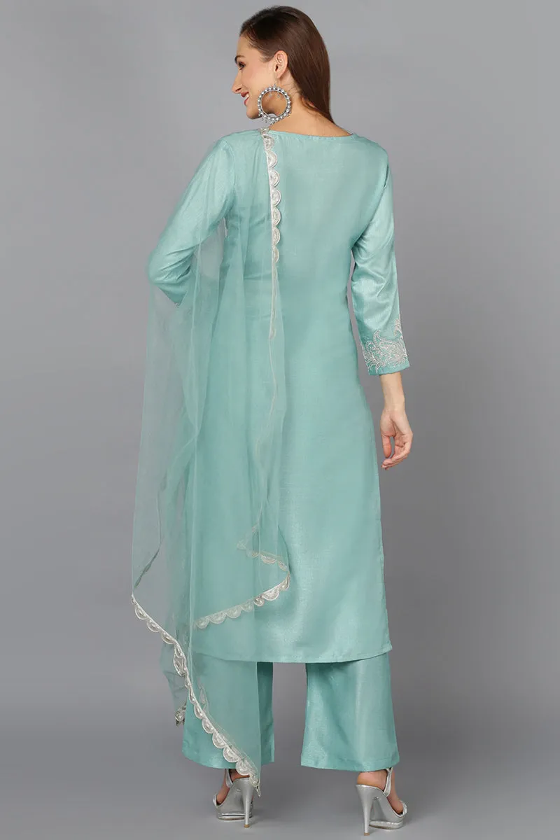 Sea Green Silk Blend Embroidered Straight Suit Set