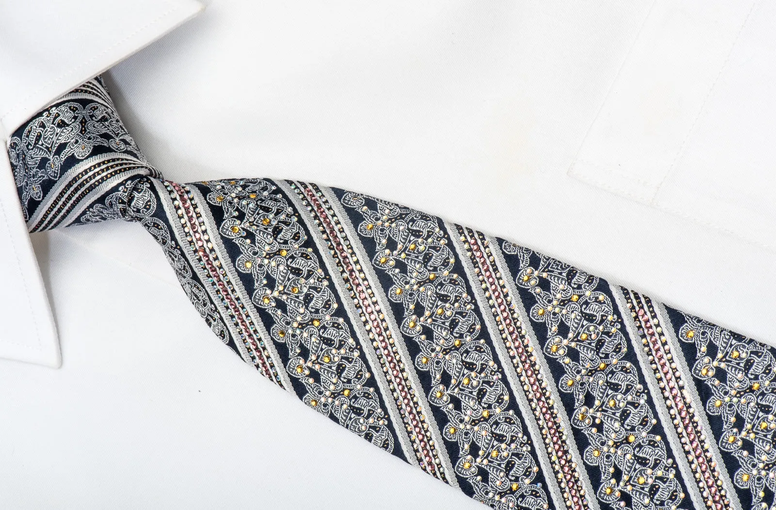 Silver Cartouche & Stripes On Navy Rhinestone Silk Necktie With Gold Sparkles