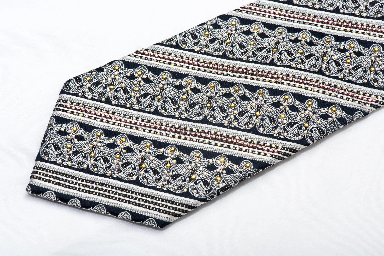 Silver Cartouche & Stripes On Navy Rhinestone Silk Necktie With Gold Sparkles