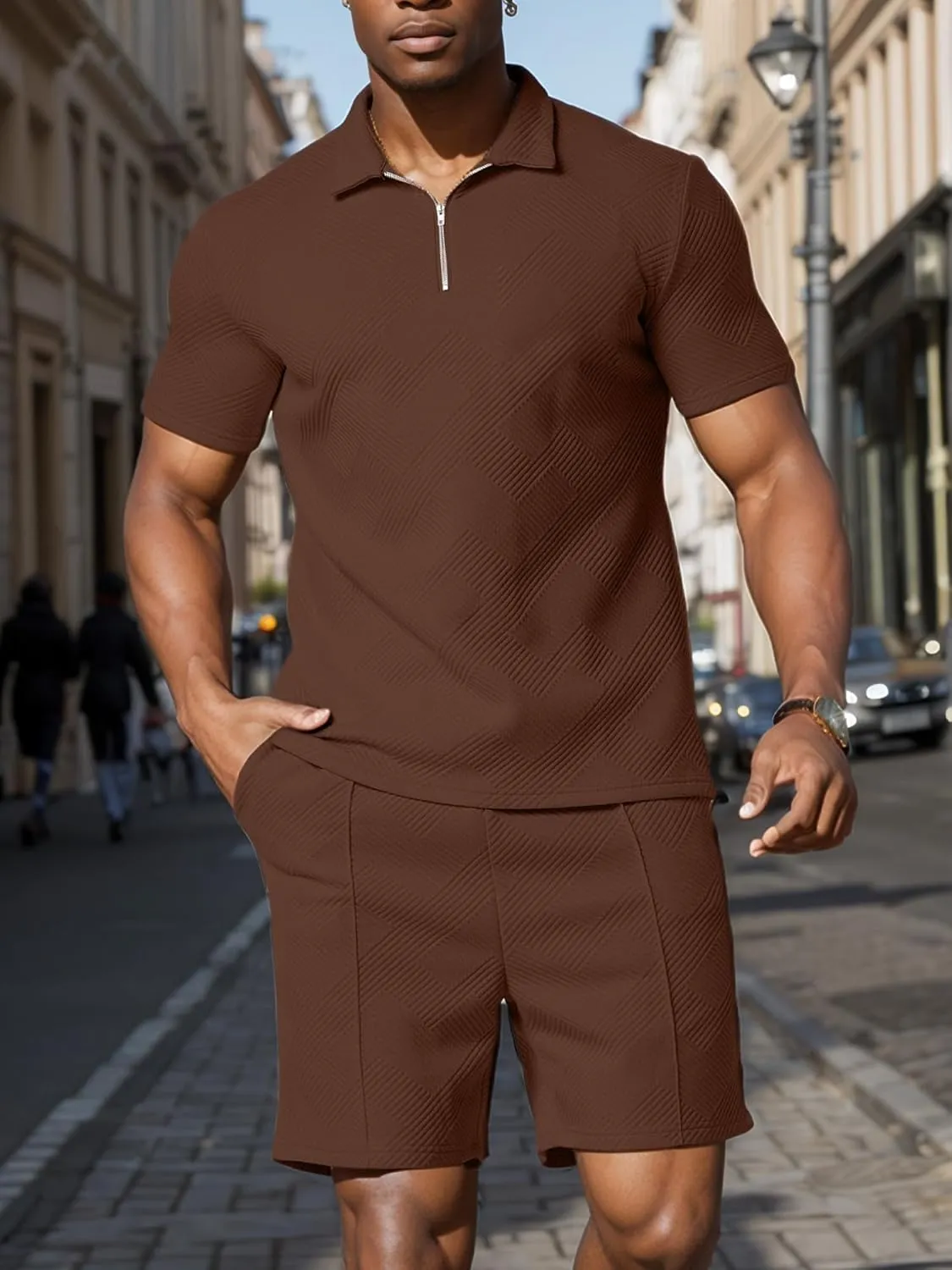 UOUA Mens Summer Track Suits 2 Piece Shorts Sets Short Sleeve Sweatsuit Outfits 1/4 Zip Golf Polo Shirts Loungewear