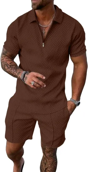 UOUA Mens Summer Track Suits 2 Piece Shorts Sets Short Sleeve Sweatsuit Outfits 1/4 Zip Golf Polo Shirts Loungewear