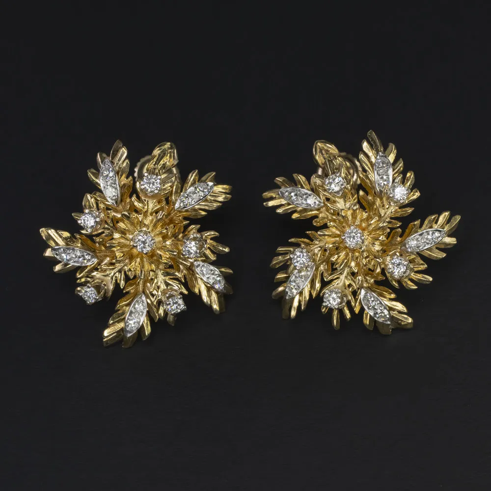 VINTAGE DIAMOND 18k EARRINGS 0.88c F-G VS YELLOW GOLD LEAF HANDMADE STUD NATURAL