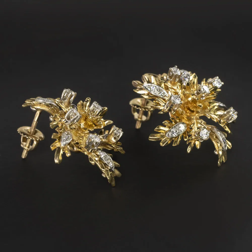 VINTAGE DIAMOND 18k EARRINGS 0.88c F-G VS YELLOW GOLD LEAF HANDMADE STUD NATURAL