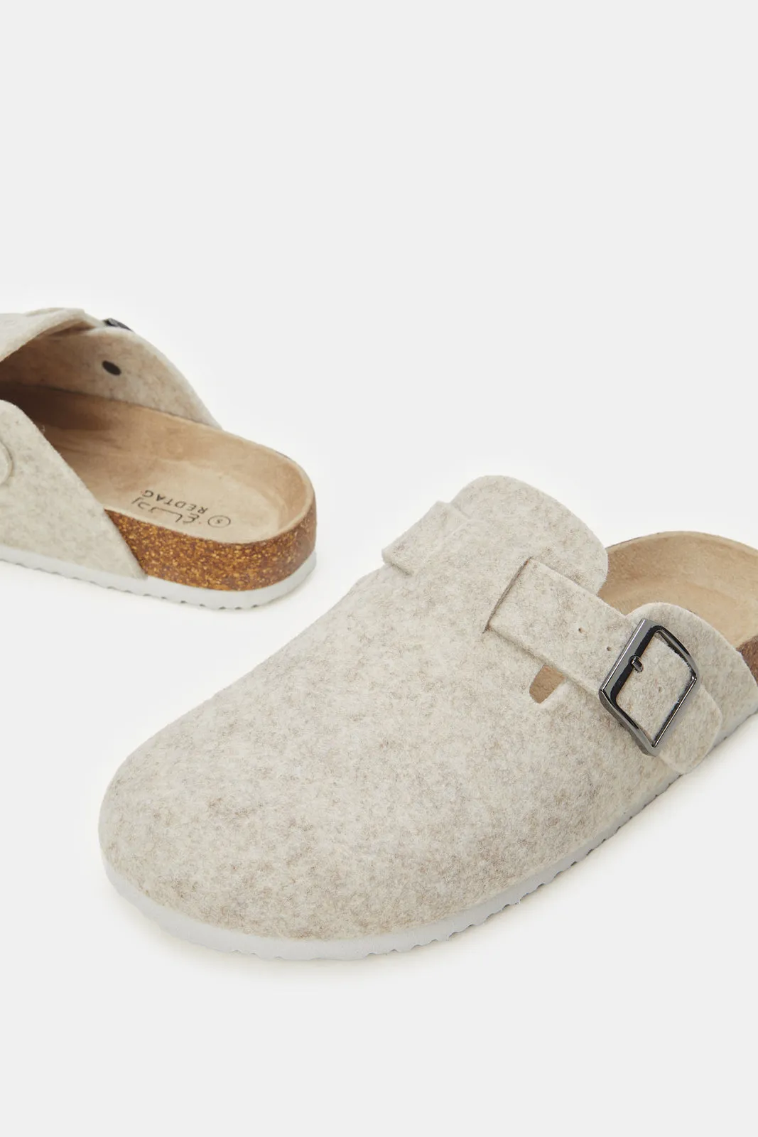 Women Beige Comfort Slipper With Buckle Trim