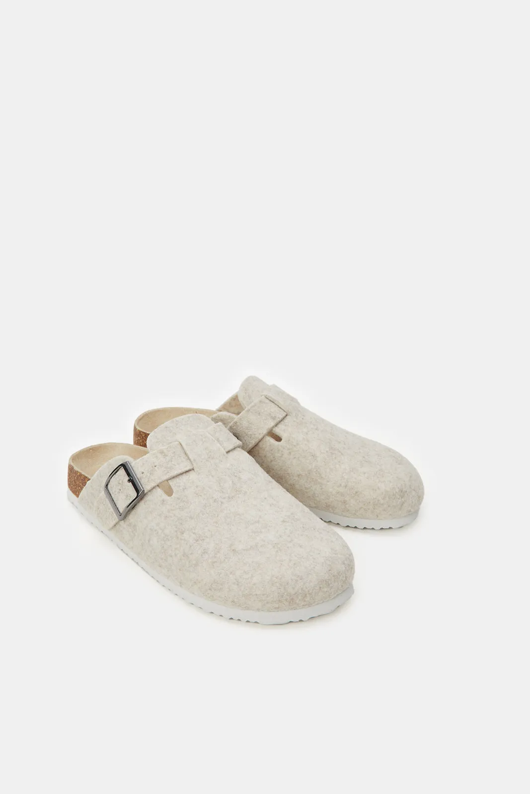 Women Beige Comfort Slipper With Buckle Trim