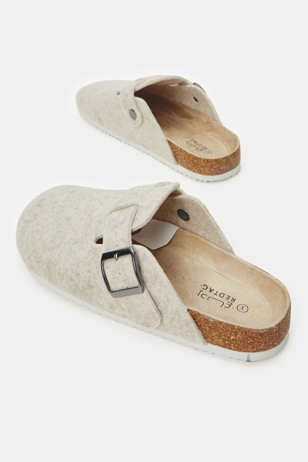 Women Beige Comfort Slipper With Buckle Trim