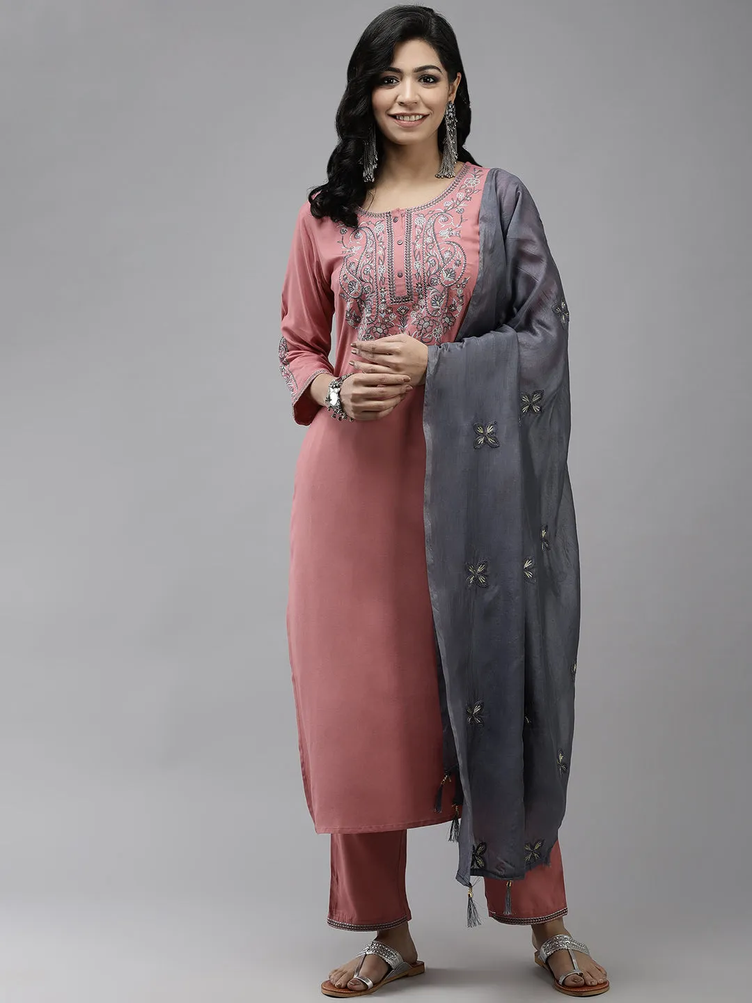 Women Pink Ethnic Motifs Yoke Design Thread Work Kurta With Palazzos With Dupatta