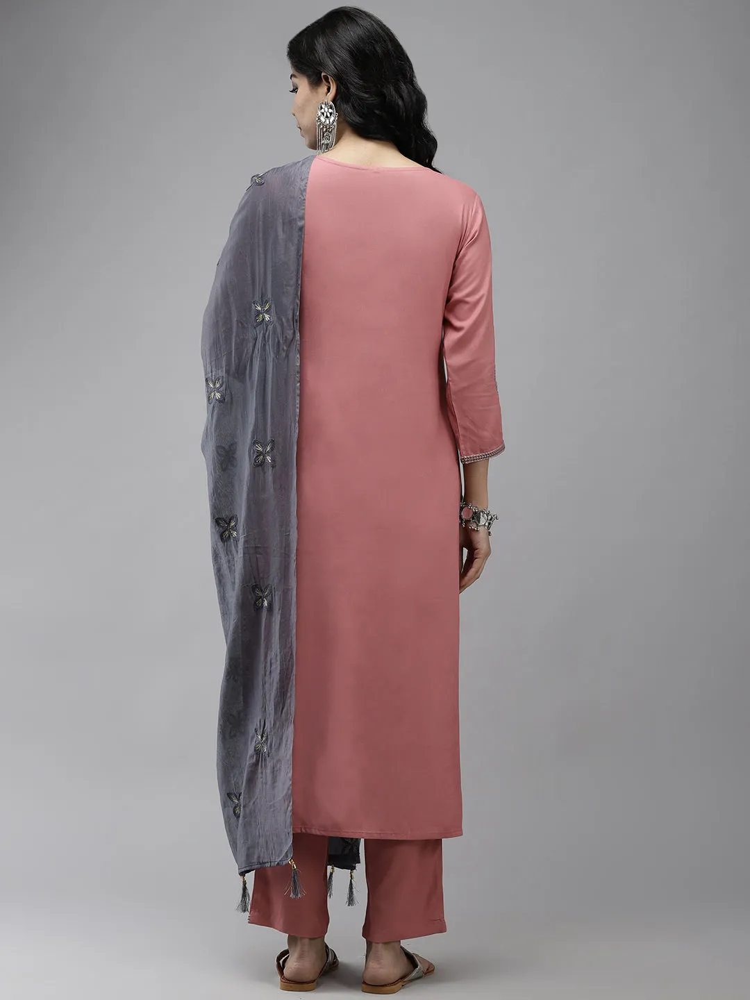 Women Pink Ethnic Motifs Yoke Design Thread Work Kurta With Palazzos With Dupatta