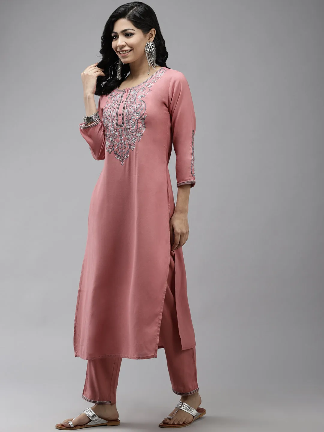 Women Pink Ethnic Motifs Yoke Design Thread Work Kurta With Palazzos With Dupatta
