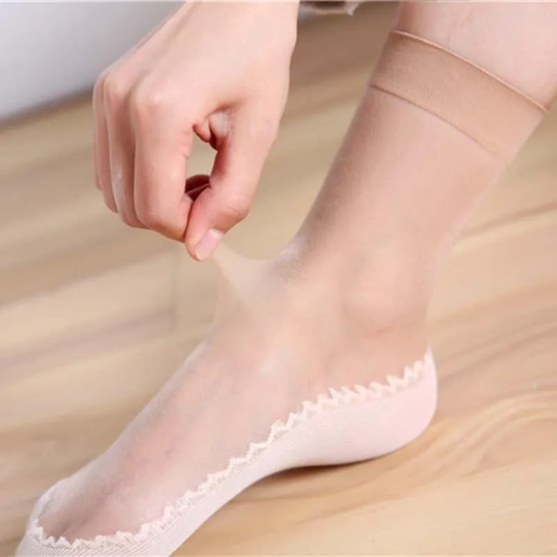 Women Silk Transparent Thin Soft Non-Slip Bottom Splice Socks
