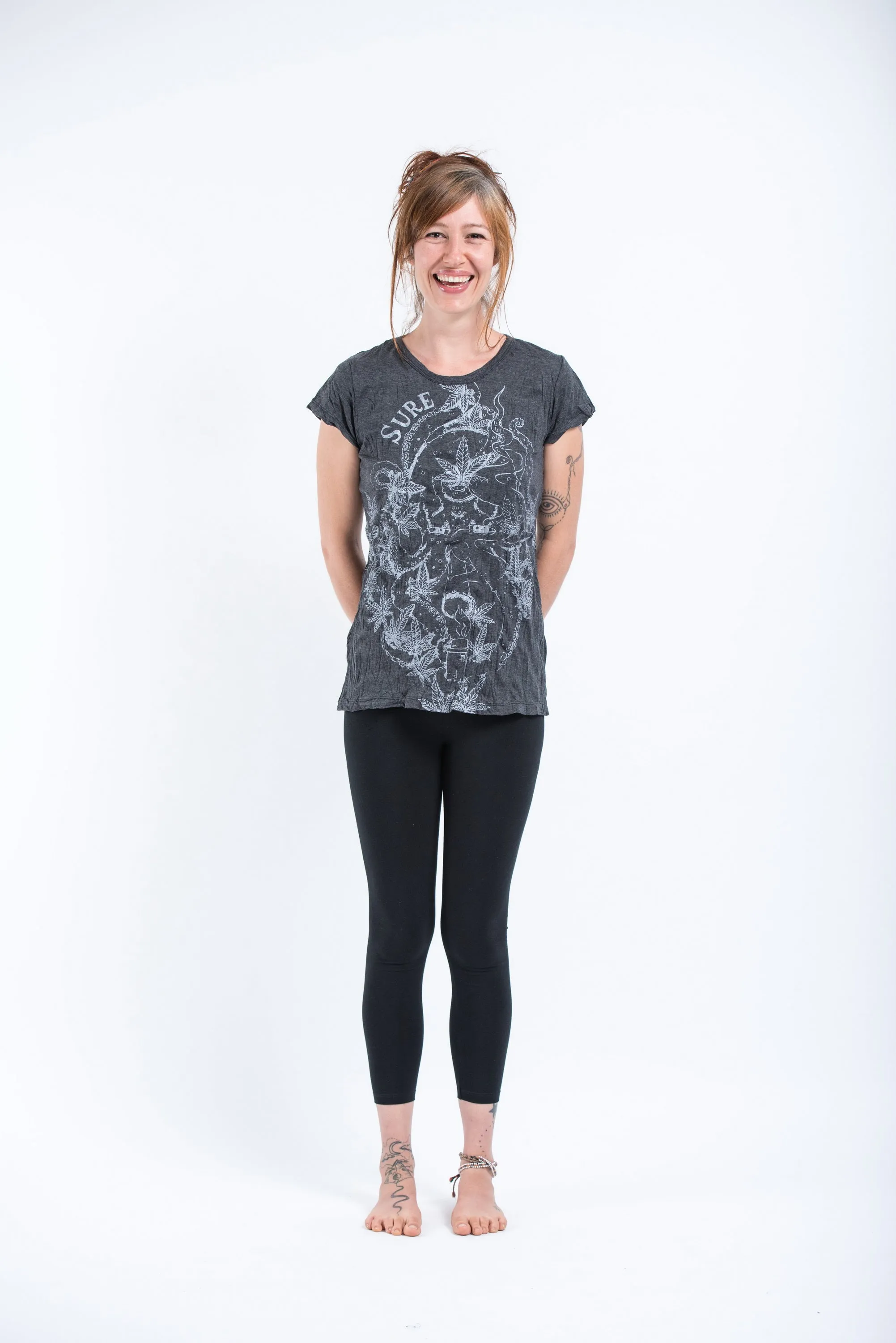 Womens Octopus Weed T-Shirt in Silver on Black