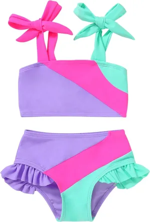 YOUNGER TREE Toddler Girls Two Pieces Swimsuit Color Block Stripe Swimwear Summer Beach Bathing Suit 18M-5T