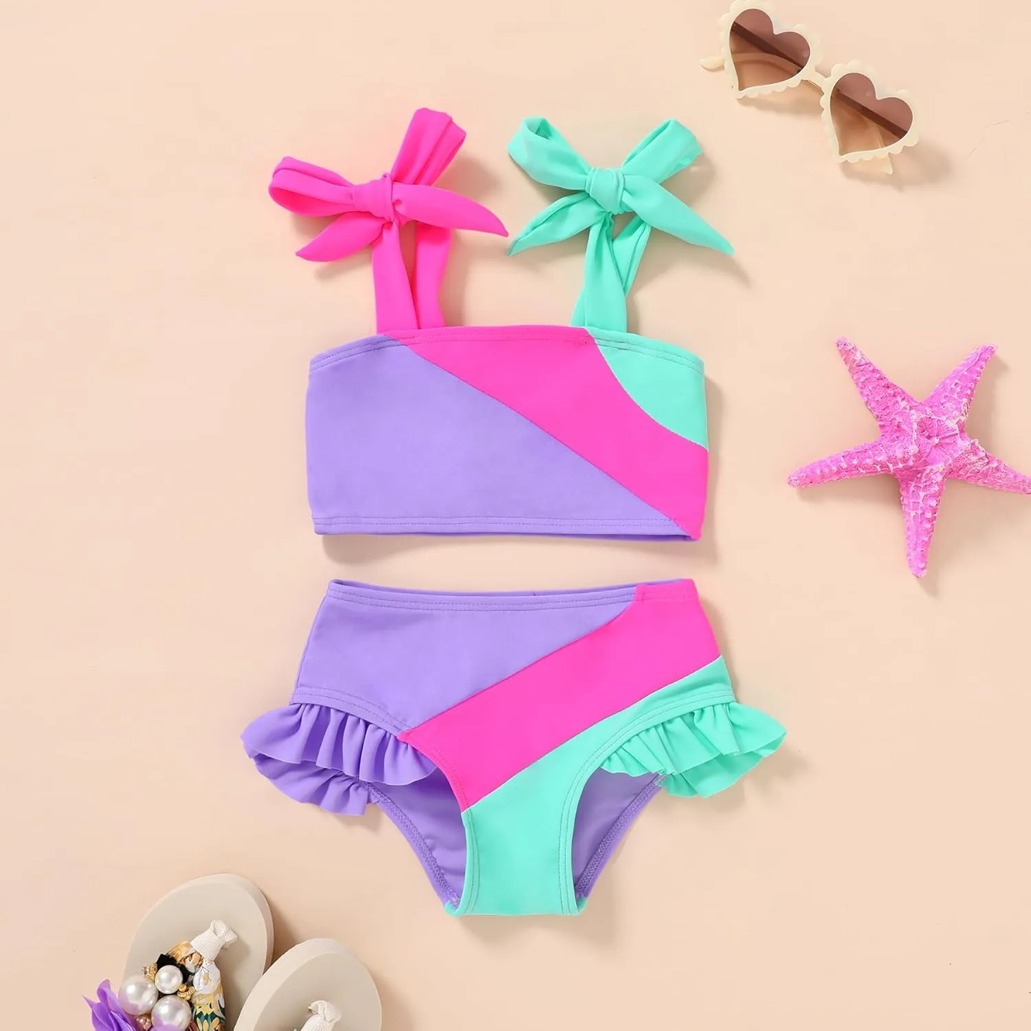 YOUNGER TREE Toddler Girls Two Pieces Swimsuit Color Block Stripe Swimwear Summer Beach Bathing Suit 18M-5T